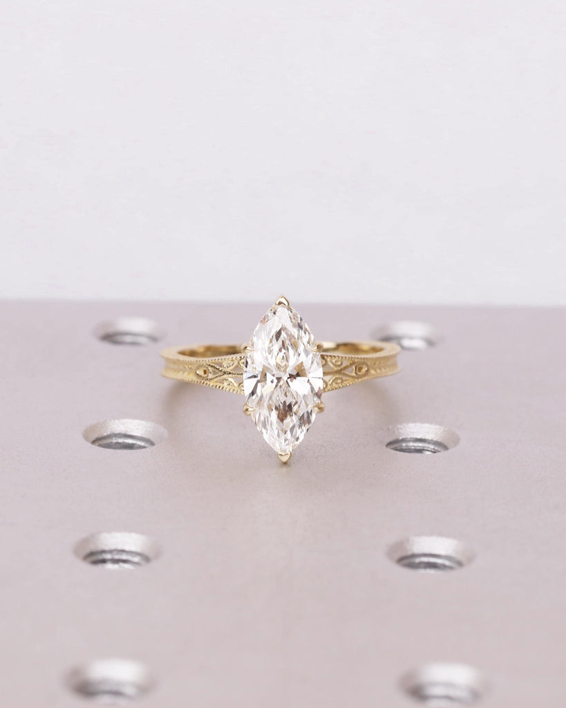 Solid 14k Gold Vintage Filigree Ring, Marquise Lab Diamond Engagement Ring, IGI Certified 0.5ct-2ct Marquise Solitaire, Heirloom Jewelry