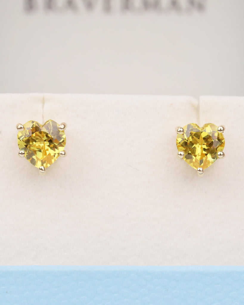 14k Solid Gold Stud Earrings for Women, Heart Cut Yellow Sapphire Earring Set, Hypoallergenic September Birthstone Earring, Gemstone Jewelry image #3