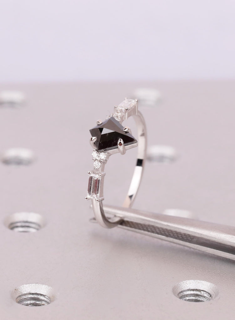 Kite Cut Salt and Pepper Diamond Ring, Baguette Cluster Engagement Ring, 14K White Gold Black Diamond Ring