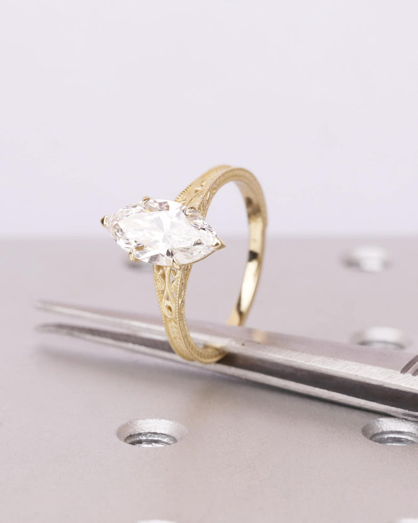 Solid 14k Gold Vintage Filigree Ring, Marquise Lab Diamond Engagement Ring, IGI Certified 0.5ct-2ct Marquise Solitaire, Heirloom Jewelry image #6