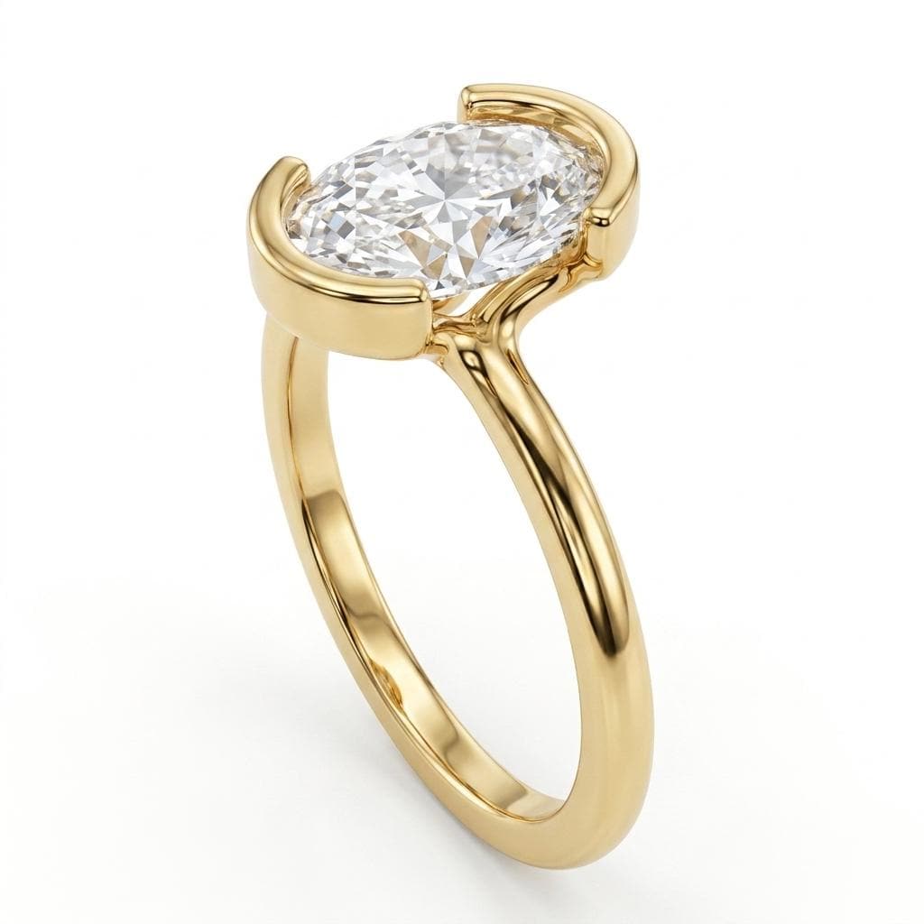 Oval Diamond 14k Yellow Gold Simple Promise Ring for Her | Unique Half Bezel Classic Solitaire Ring | Wedding Anniversary Gift image #4