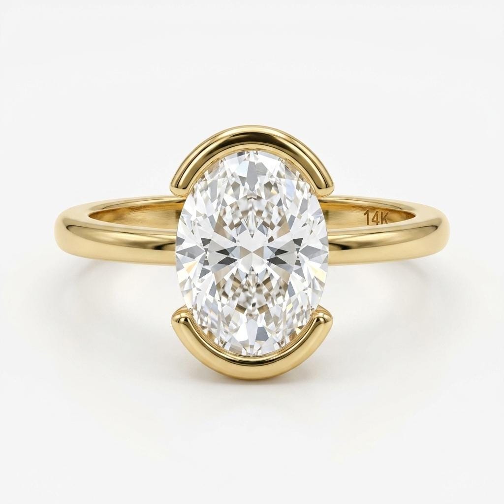 Oval Diamond 14k Yellow Gold Simple Promise Ring for Her | Unique Half Bezel Classic Solitaire Ring | Wedding Anniversary Gift image #2