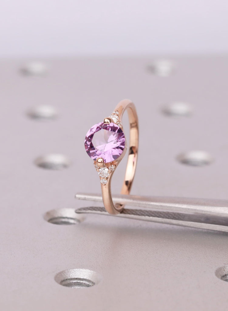 Promise Ring For Her, 14K Rose Gold Alexandrite Ring, Blue Purple Color Change Gemstone