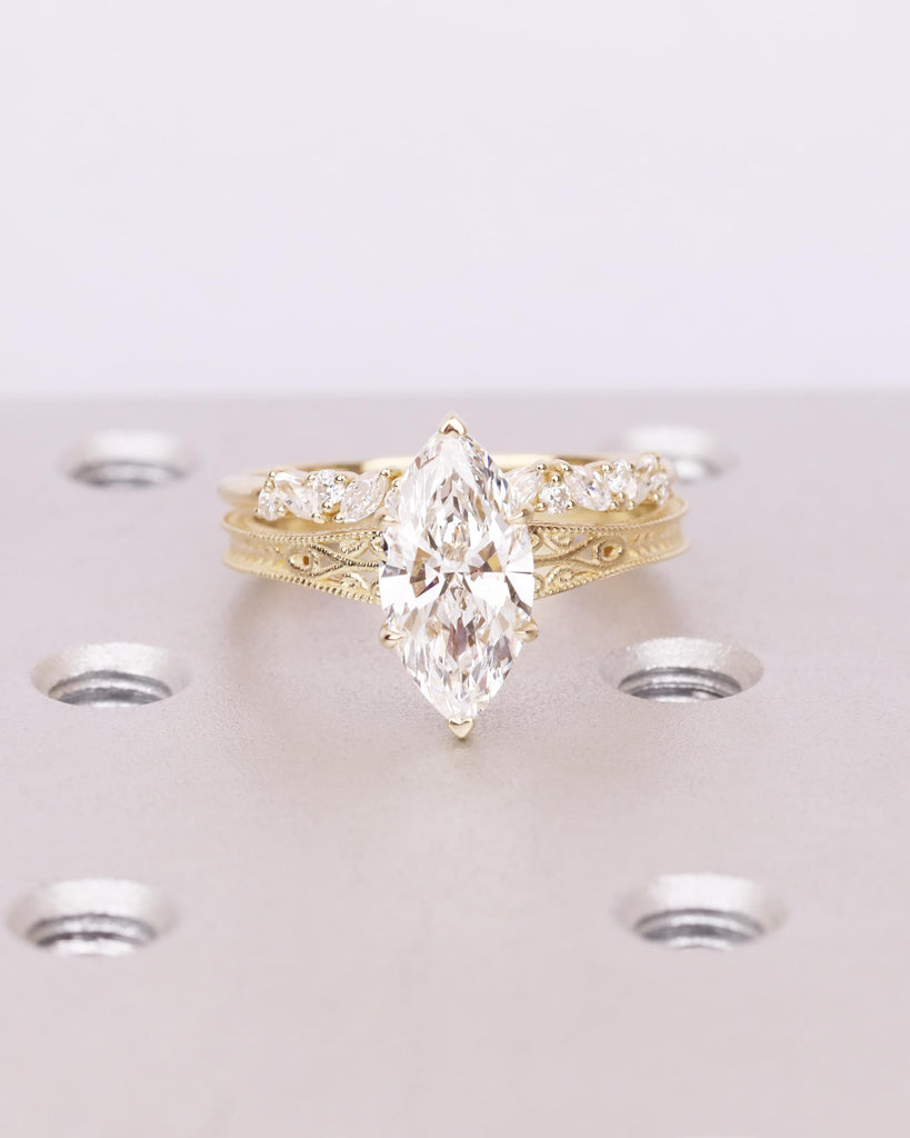 Vintage Marquise cut Moissanite Engagement Ring Set, 14K Gold Filigree Ring, Marquise and Round Cluster Ring, Heirloom Wedding Ring Set 2PCS
