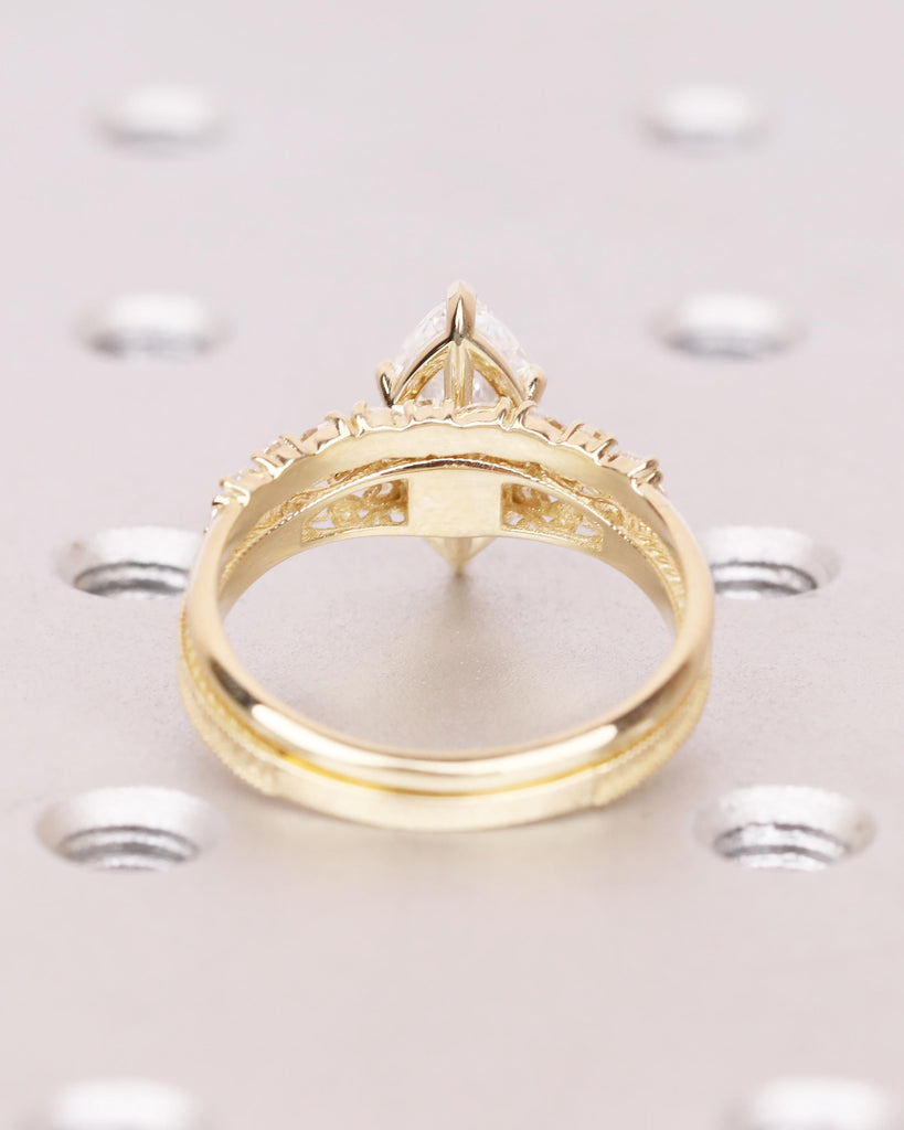 Solid 14k Gold Vintage Filigree Bridal Ring Set, IGI Certified Lab Diamond Engagement Ring Set, Marquise Solitaire Diamond, Heirloom Jewelry image #8