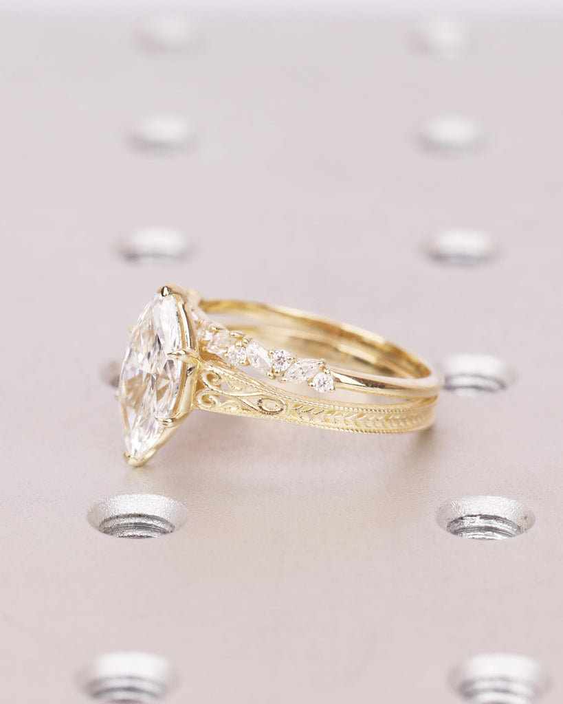 Solid 14k Gold Vintage Filigree Bridal Ring Set, IGI Certified Lab Diamond Engagement Ring Set, Marquise Solitaire Diamond, Heirloom Jewelry image #3