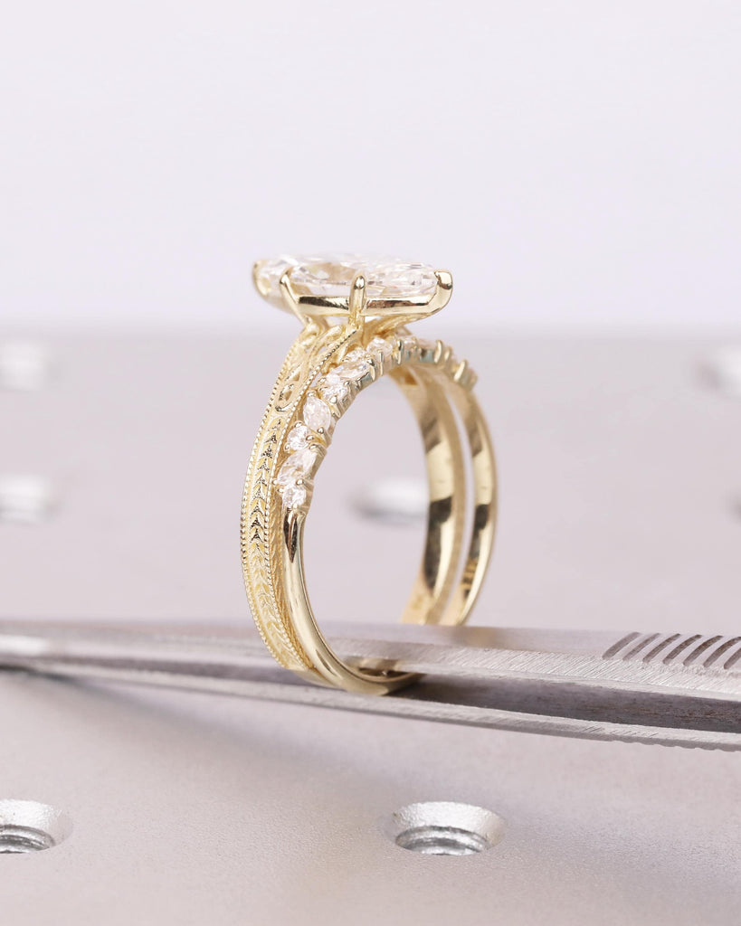 Solid 14k Gold Vintage Filigree Bridal Ring Set, IGI Certified Lab Diamond Engagement Ring Set, Marquise Solitaire Diamond, Heirloom Jewelry image #4