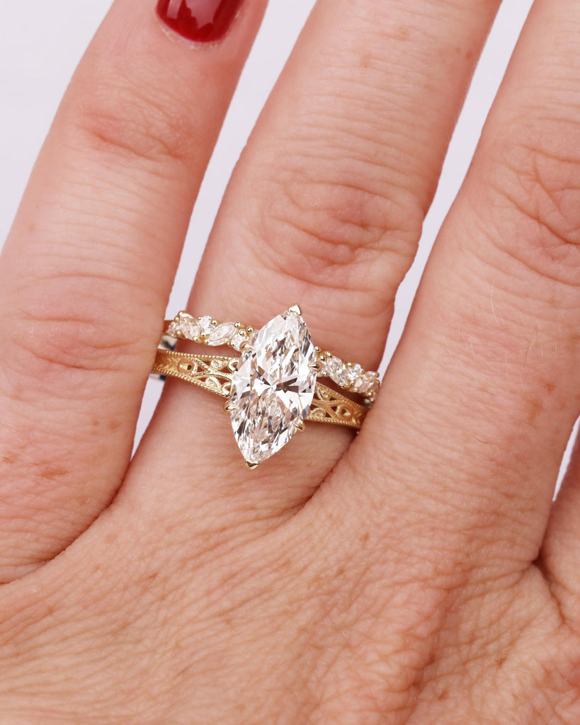 Solid 14k Gold Vintage Filigree Bridal Ring Set, IGI Certified Lab Diamond Engagement Ring Set, Marquise Solitaire Diamond, Heirloom Jewelry image #9