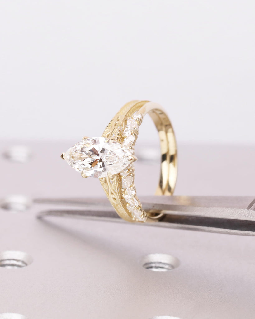 Solid 14k Gold Vintage Filigree Bridal Ring Set, IGI Certified Lab Diamond Engagement Ring Set, Marquise Solitaire Diamond, Heirloom Jewelry