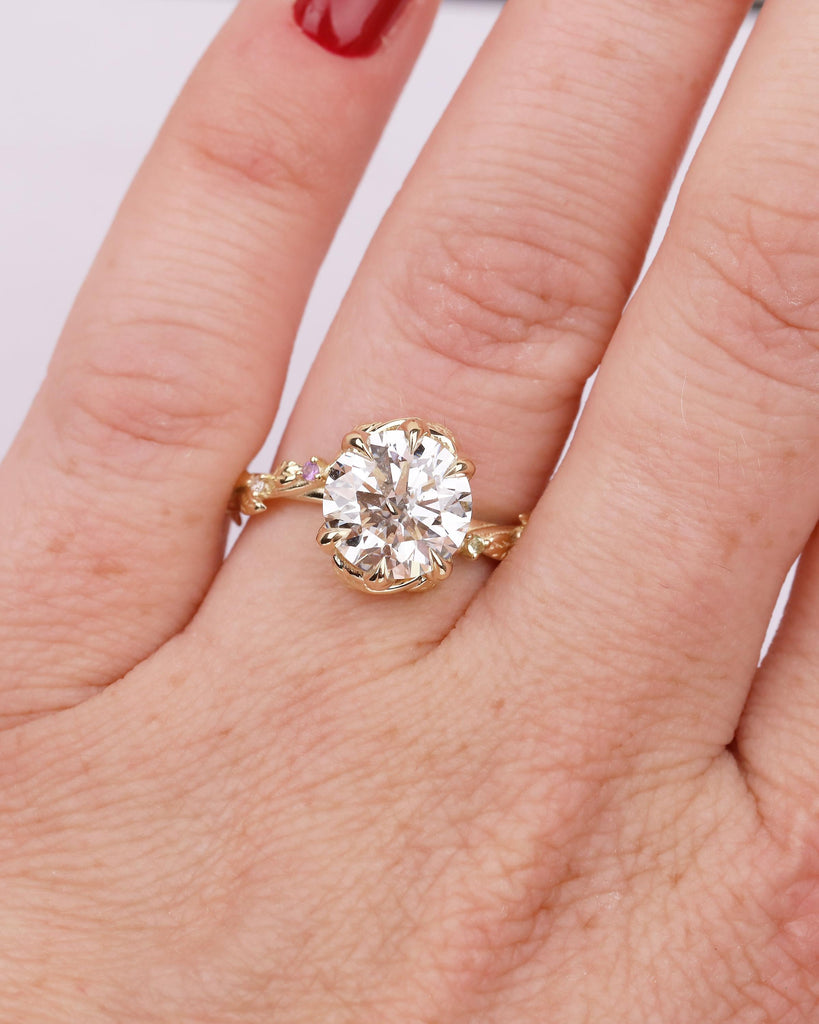 Round Lab Grown Diamond Engagement Ring, Vintage 14k Gold Statement Rings for Women, Anniversary Ring, Amethyst, Peridot Birthstone Accents image #2