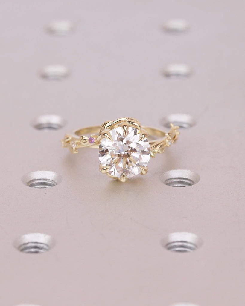 Round Lab Grown Diamond Engagement Ring, Vintage 14k Gold Statement Rings for Women, Anniversary Ring, Amethyst, Peridot Birthstone Accents image #8