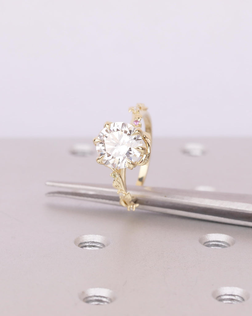 Round Lab Grown Diamond Engagement Ring, Vintage 14k Gold Statement Rings for Women, Anniversary Ring, Amethyst, Peridot Birthstone Accents image #16