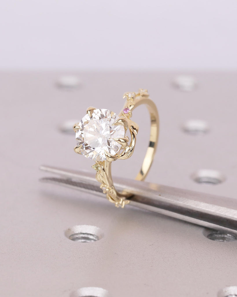 Round Lab Grown Diamond Engagement Ring, Vintage 14k Gold Statement Rings for Women, Anniversary Ring, Amethyst, Peridot Birthstone Accents image #4