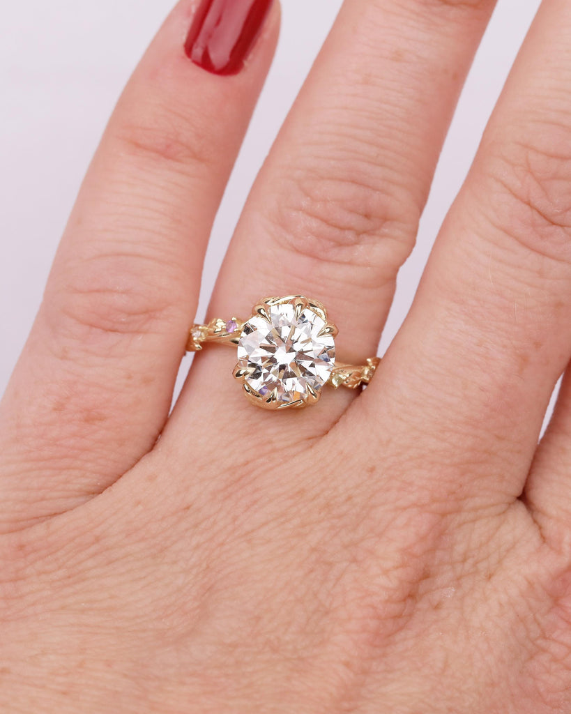 Round Lab Grown Diamond Engagement Ring, Vintage 14k Gold Statement Rings for Women, Anniversary Ring, Amethyst, Peridot Birthstone Accents image #19