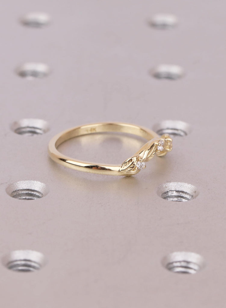 14K/18K Solid Gold Dainty Leaf Ring, Nature Inspired Diamond Wedding Ring for Women, Thin Wedding Band Stacking Ring, Curved Matching Band image #3