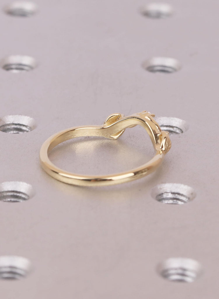 14K Solid Gold Curved Leaf Diamond Wedding Band: Dainty Stacking Ring image #9