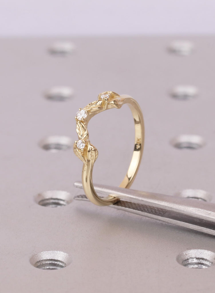 14K/18K Solid Gold Dainty Leaf Ring, Nature Inspired Diamond Wedding Ring for Women, Thin Wedding Band Stacking Ring, Curved Matching Band image #1
