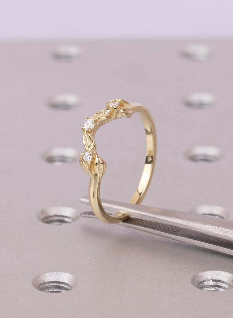 14K Solid Gold Curved Leaf Diamond Wedding Band: Dainty Stacking Ring image #3