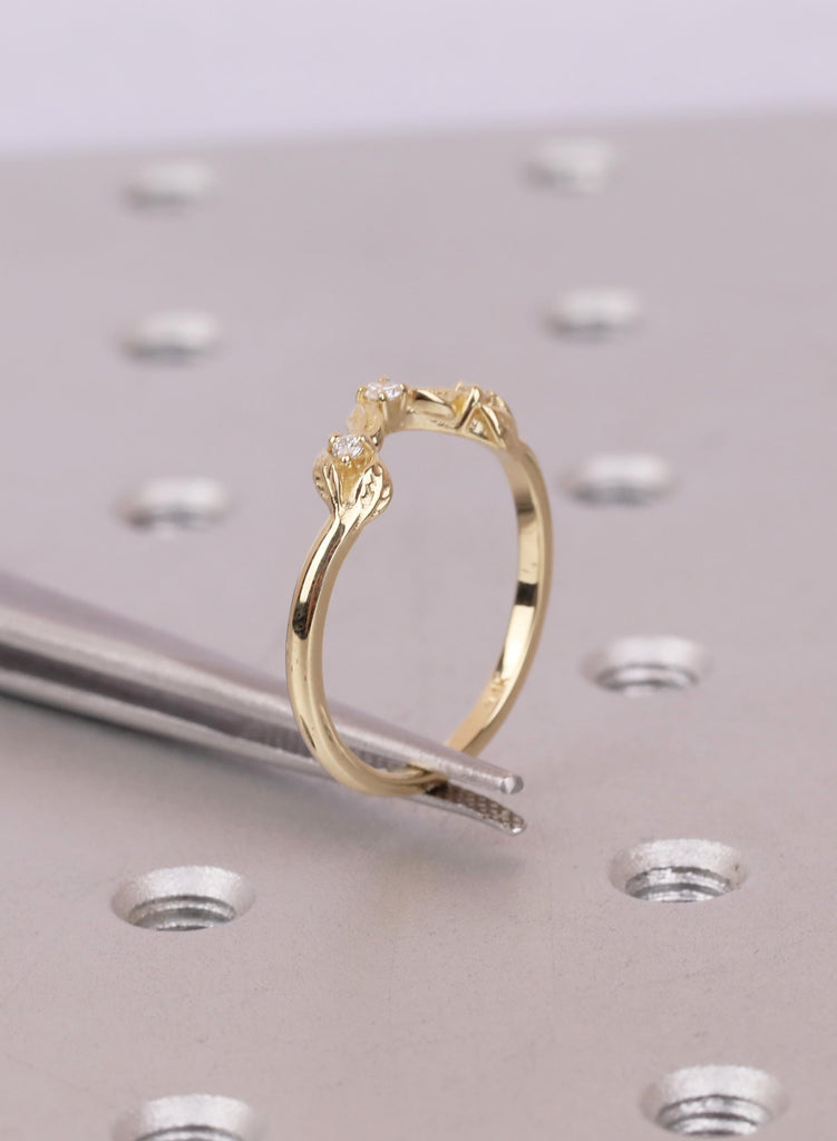 14K/18K Solid Gold Dainty Leaf Ring, Nature Inspired Diamond Wedding Ring for Women, Thin Wedding Band Stacking Ring, Curved Matching Band image #12
