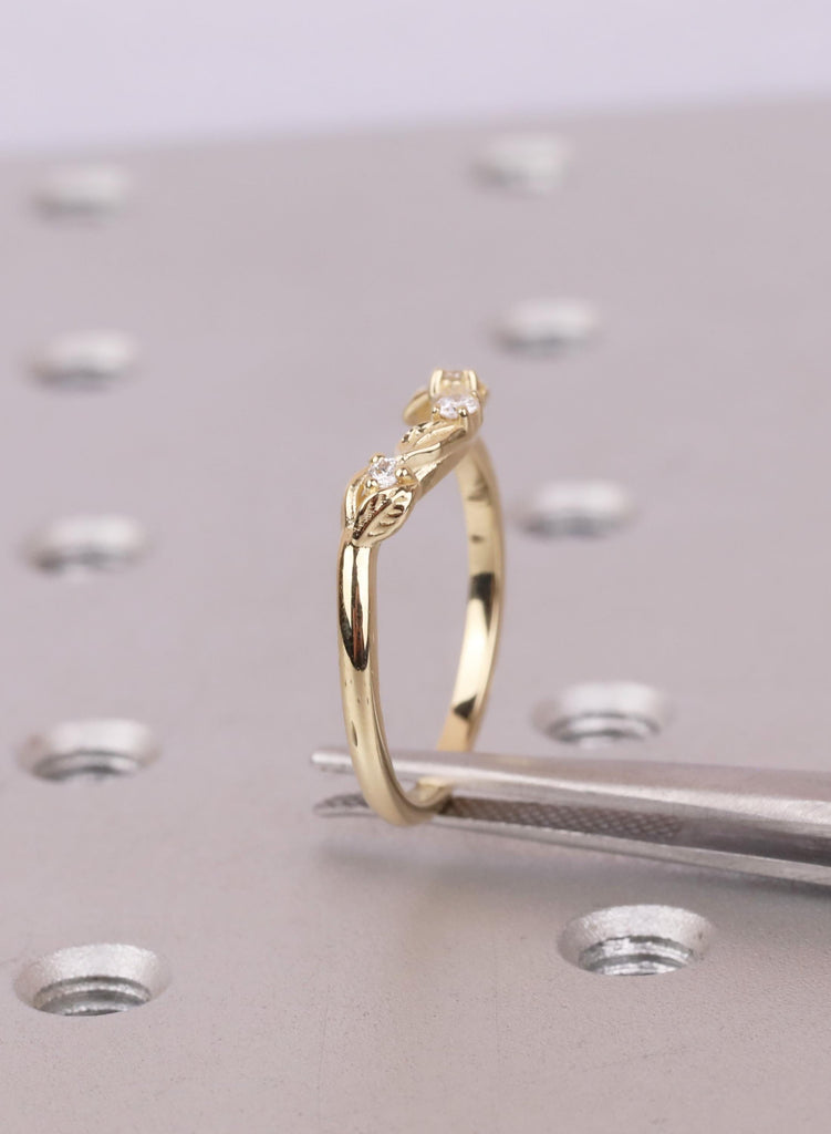 14K/18K Solid Gold Dainty Leaf Ring, Nature Inspired Diamond Wedding Ring for Women, Thin Wedding Band Stacking Ring, Curved Matching Band image #6