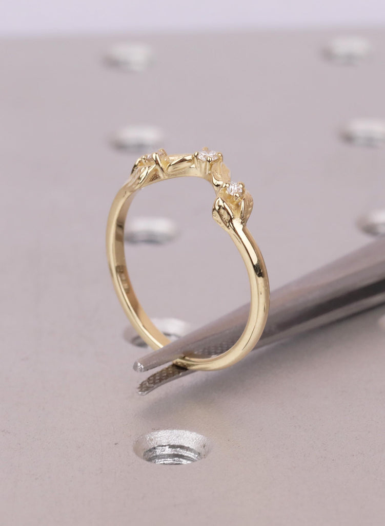14K/18K Solid Gold Dainty Leaf Ring, Nature Inspired Diamond Wedding Ring for Women, Thin Wedding Band Stacking Ring, Curved Matching Band image #10