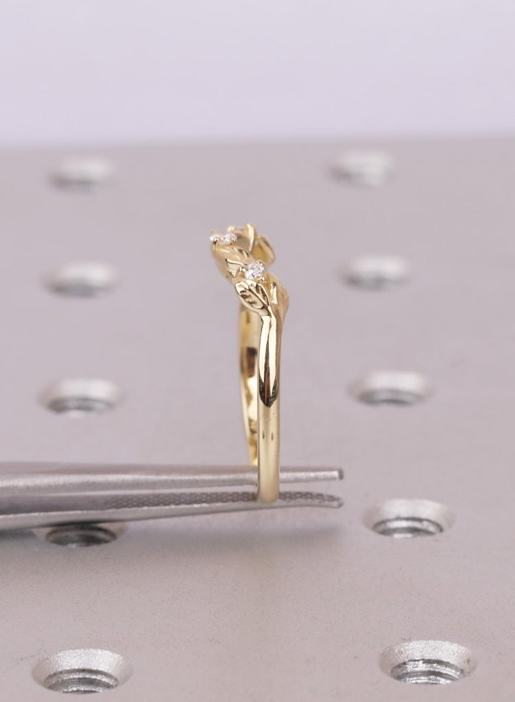14K Solid Gold Curved Leaf Diamond Wedding Band: Dainty Stacking Ring image #13