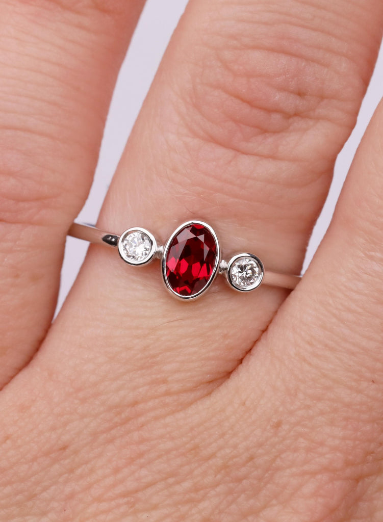 Oval Ruby Ring, Bezel Set Lab Ruby Ring, Oval Three Stone Engagement Ring, July Birthstone Promise Ring, Dainty Engagement Ring, Bridal Gift image #2