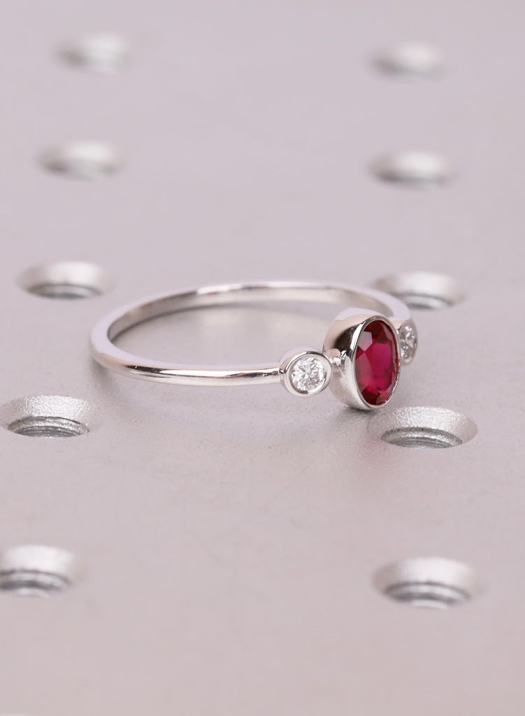 Oval Ruby Ring, Bezel Set Lab Ruby Ring, Oval Three Stone Engagement Ring, July Birthstone Promise Ring, Dainty Engagement Ring, Bridal Gift image #4