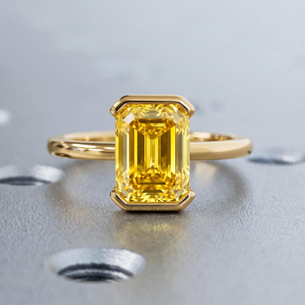 14k/18k Gold Yellow Diamond Half Bezel Ring | Emerald cut Classic Solitaire Ring Bridal Jewelry | Wedding Anniversary Gift for Her image #4