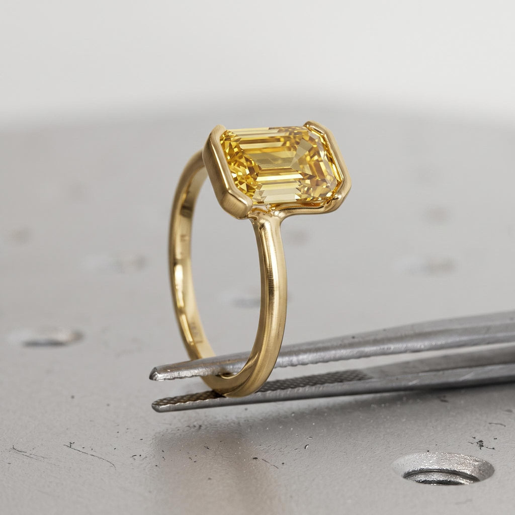 14k/18k Gold Yellow Diamond Half Bezel Ring | Emerald cut Classic Solitaire Ring Bridal Jewelry | Wedding Anniversary Gift for Her