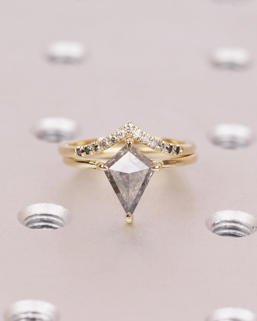 Kite Cut Diamond Engagement Ring Set | Galaxy Salt and Pepper Diamond Ring | Ombre Chevron Wedding Band | 14K Solid Gold | Unique Bridal Set image #9