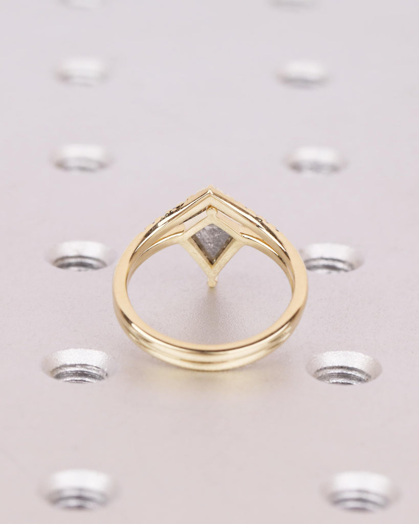 Kite Cut Diamond Engagement Ring Set | Galaxy Salt and Pepper Diamond Ring | Ombre Chevron Wedding Band | 14K Solid Gold | Unique Bridal Set image #8
