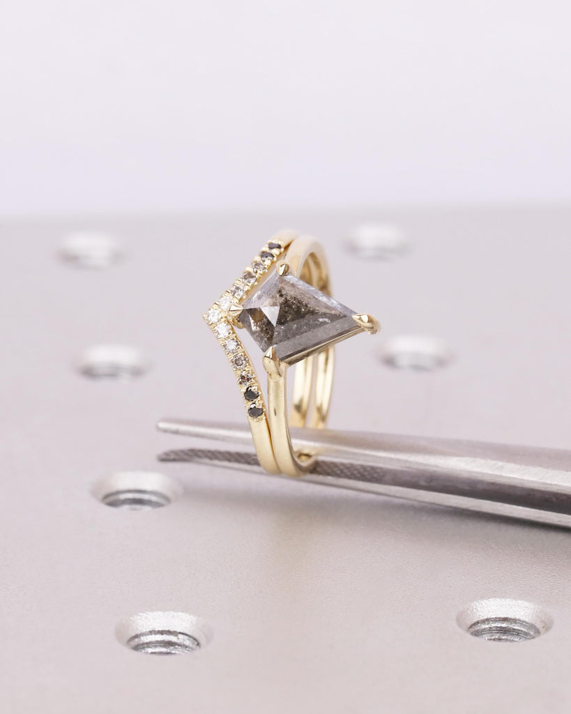 Kite Cut Diamond Engagement Ring Set | Galaxy Salt and Pepper Diamond Ring | Ombre Chevron Wedding Band | 14K Solid Gold | Unique Bridal Set image #4