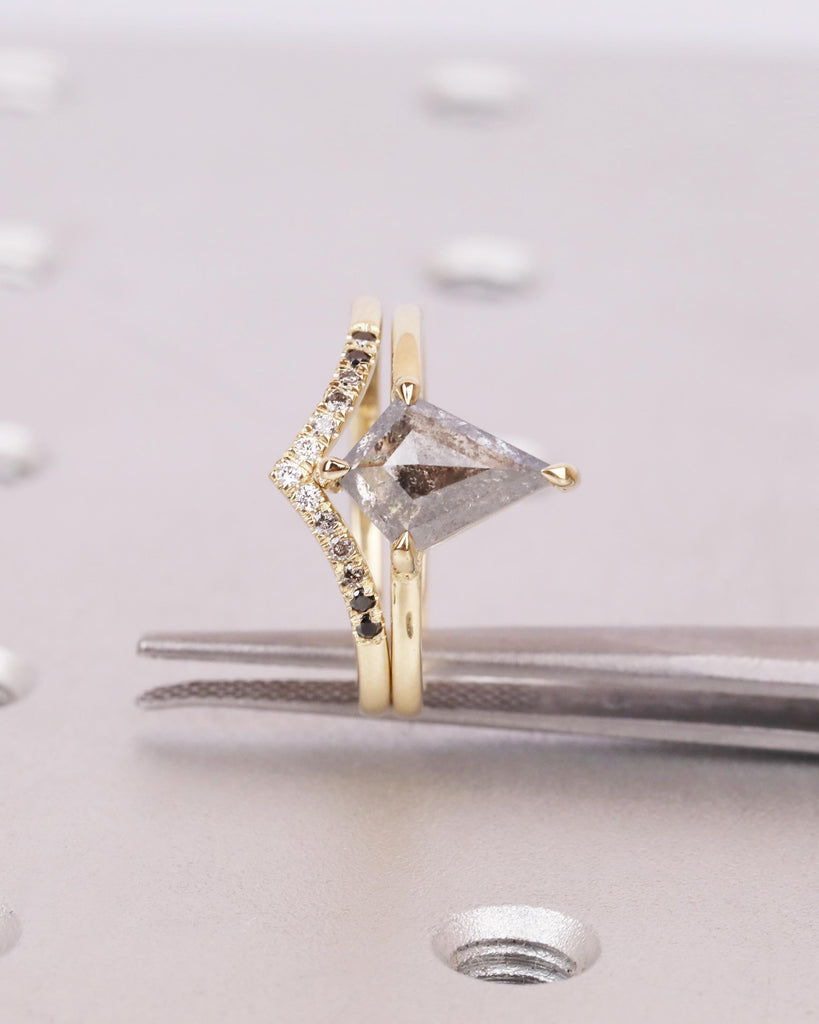 Kite Cut Diamond Engagement Ring Set | Galaxy Salt and Pepper Diamond Ring | Ombre Chevron Wedding Band | 14K Solid Gold | Unique Bridal Set image #5
