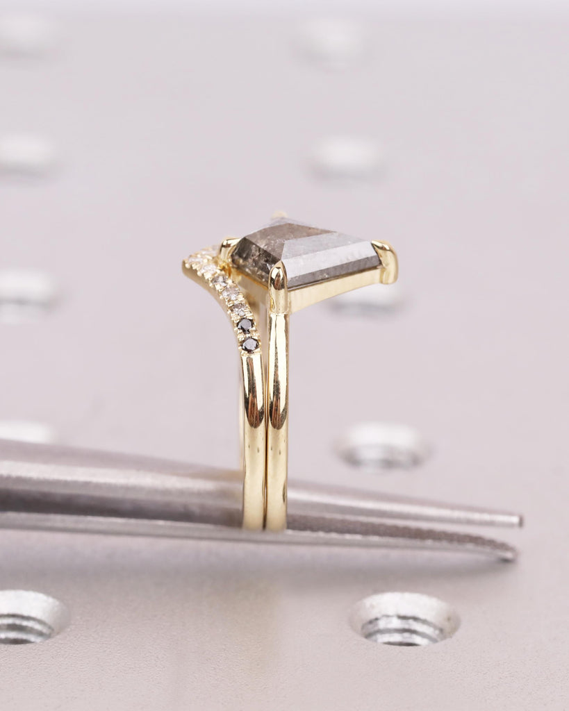 Kite Cut Diamond Engagement Ring Set | Galaxy Salt and Pepper Diamond Ring | Ombre Chevron Wedding Band | 14K Solid Gold | Unique Bridal Set image #7