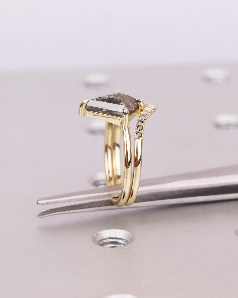 Kite Cut Diamond Engagement Ring Set | Galaxy Salt and Pepper Diamond Ring | Ombre Chevron Wedding Band | 14K Solid Gold | Unique Bridal Set image #6