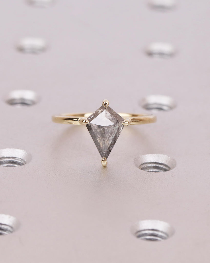 Kite Cut Diamond Engagement Ring Set | Galaxy Salt and Pepper Diamond Ring | Ombre Chevron Wedding Band | 14K Solid Gold | Unique Bridal Set image #10