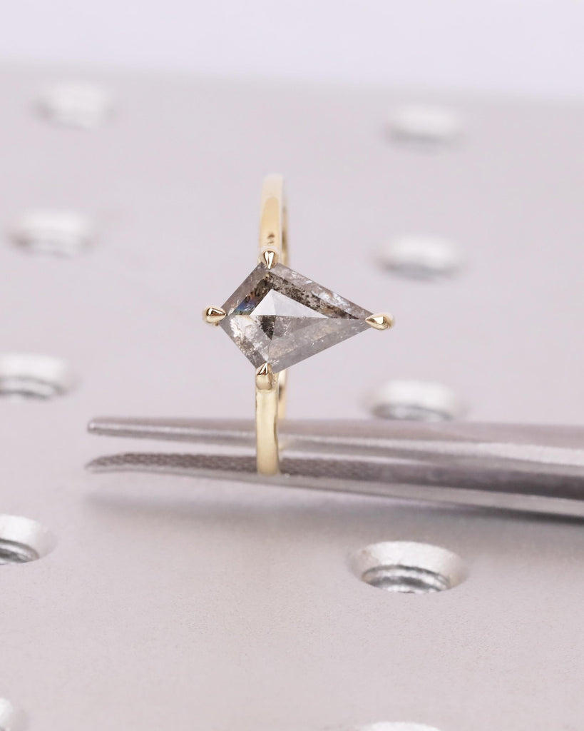 Kite Cut Salt and Pepper Diamond Engagement Ring | 14K Solid Gold Vintage Diamond Ring | Claw Prongs | Stackable Ring | Unique Promise Ring image #5