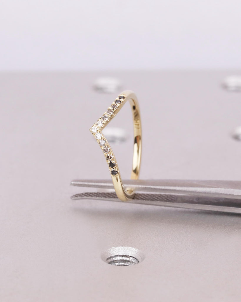 14K Gold Art Deco Curved Wedding Band, Ombre Diamond Matching Ring, V Shaped Chevron Stacking Ring, Nesting Ring, Anniversary Gift for Wife image #5