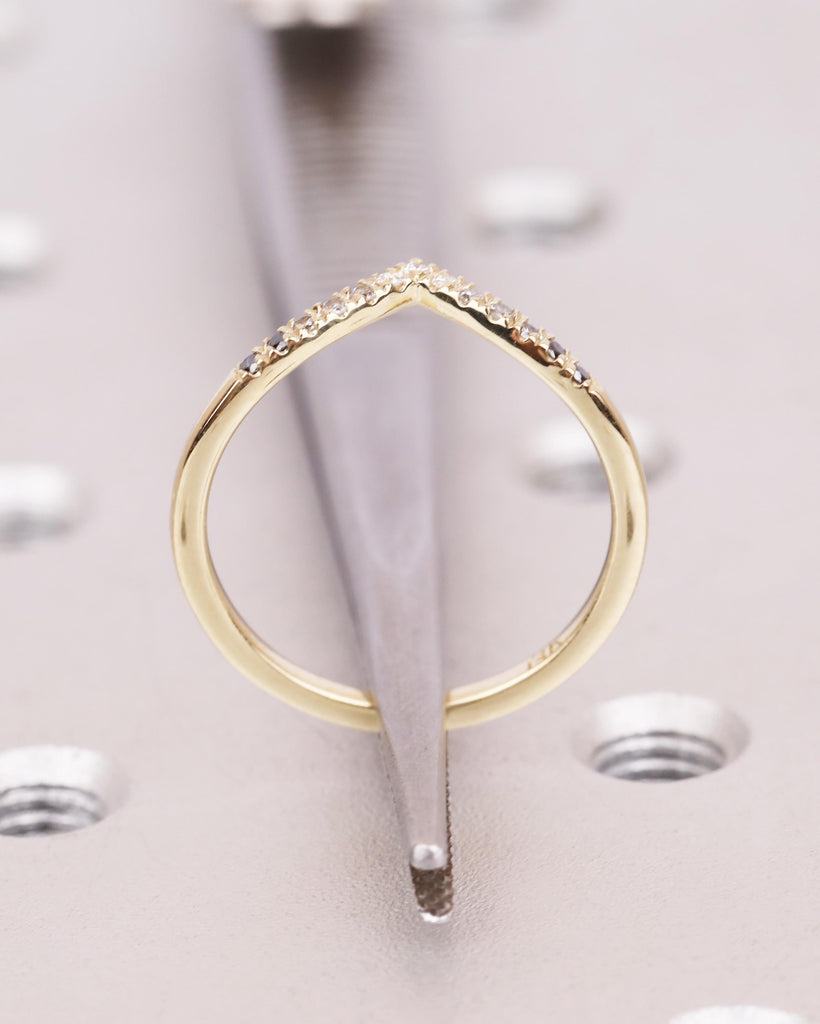 14K Gold Art Deco Curved Wedding Band, Ombre Diamond Matching Ring, V Shaped Chevron Stacking Ring, Nesting Ring, Anniversary Gift for Wife image #6