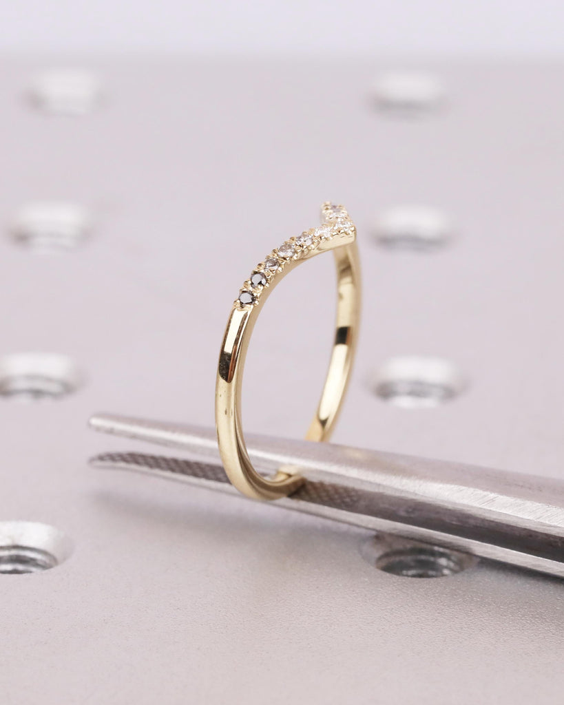 14K Gold Art Deco Curved Wedding Band, Ombre Diamond Matching Ring, V Shaped Chevron Stacking Ring, Nesting Ring, Anniversary Gift for Wife image #9