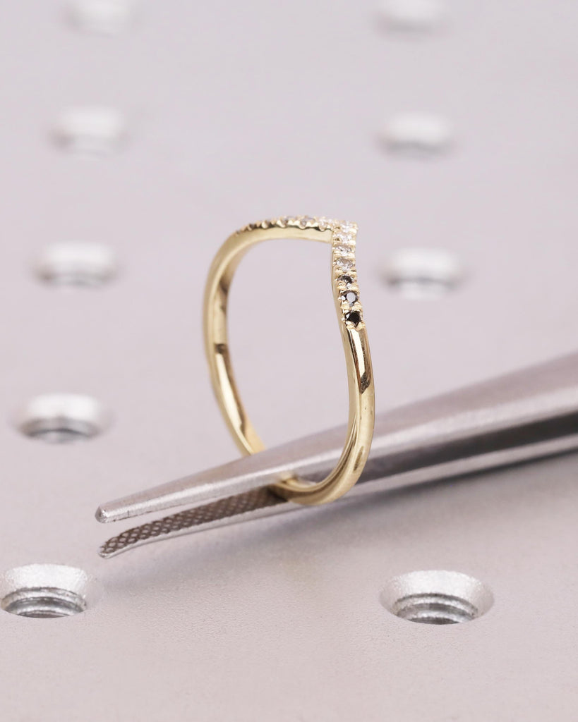 14K Gold Art Deco Curved Wedding Band, Ombre Diamond Matching Ring, V Shaped Chevron Stacking Ring, Nesting Ring, Anniversary Gift for Wife image #8