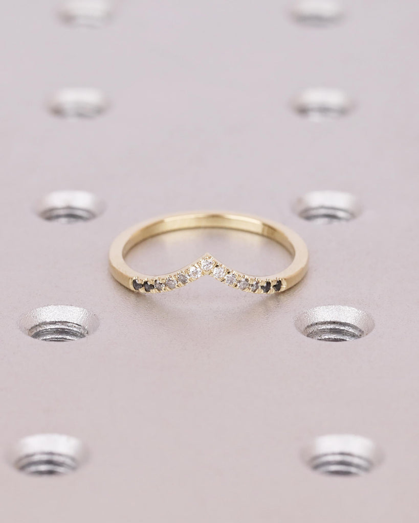 14K Gold Art Deco Curved Wedding Band, Ombre Diamond Matching Ring, V Shaped Chevron Stacking Ring, Nesting Ring, Anniversary Gift for Wife
