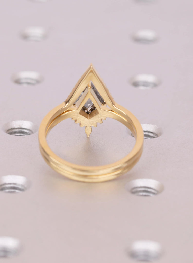 Kite Salt and Pepper Diamond Ring Set, Chevron Diamond Band, Unique 14k /18K Gold Engagement Ring, Two Piece Nesting Bridal Set image #4