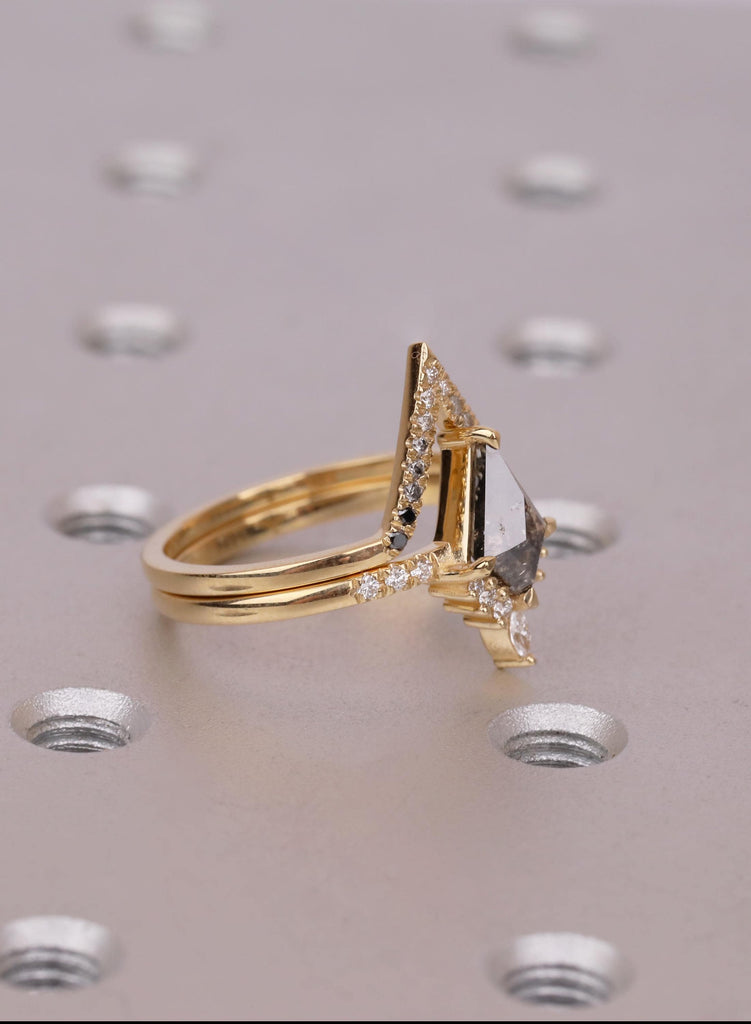 Kite Salt and Pepper Diamond Ring Set, Chevron Diamond Band, Unique 14k /18K Gold Engagement Ring, Two Piece Nesting Bridal Set image #5
