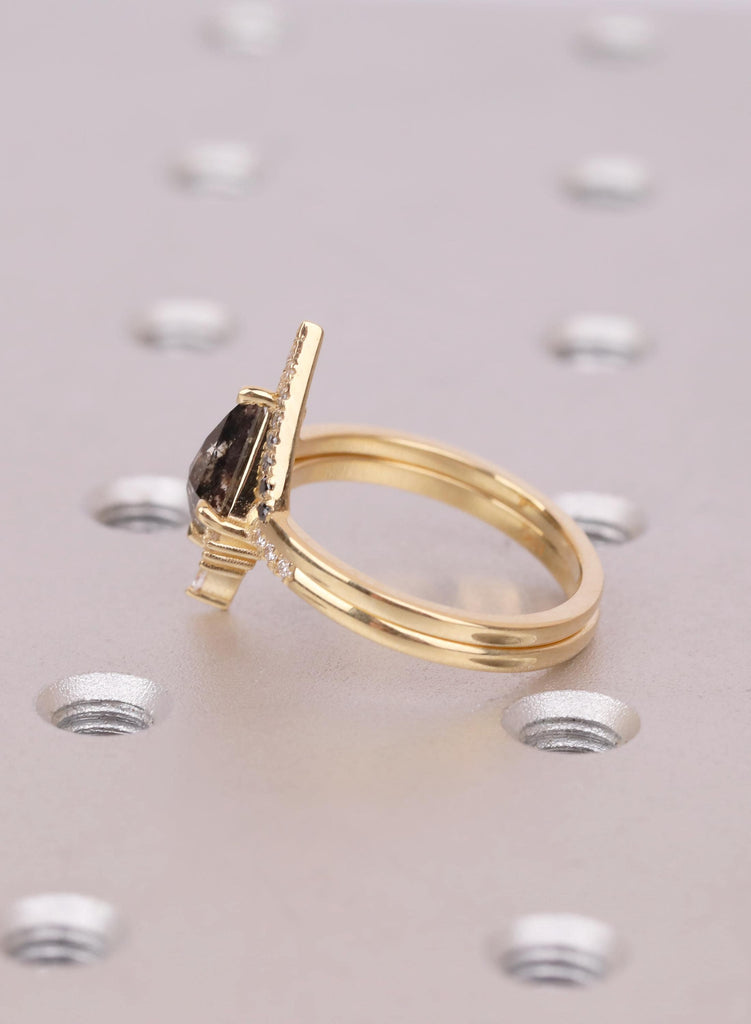 Kite Salt and Pepper Diamond Ring Set, Chevron Diamond Band, Unique 14k /18K Gold Engagement Ring, Two Piece Nesting Bridal Set image #13