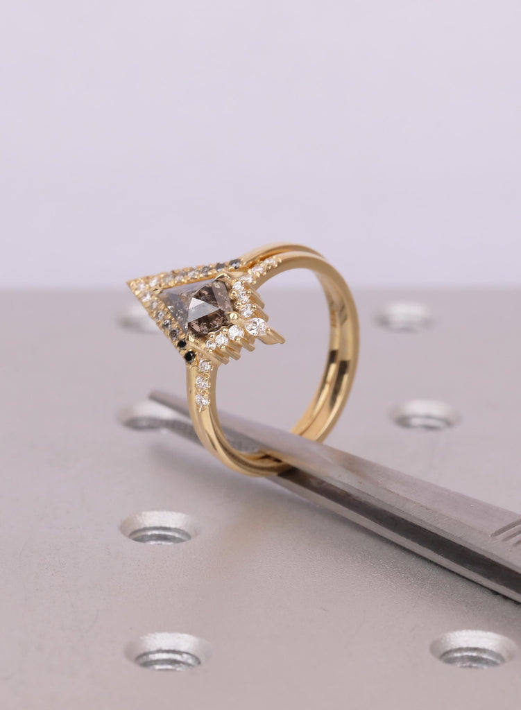 Kite Salt and Pepper Diamond Ring Set, Chevron Diamond Band, Unique 14k /18K Gold Engagement Ring, Two Piece Nesting Bridal Set image #14