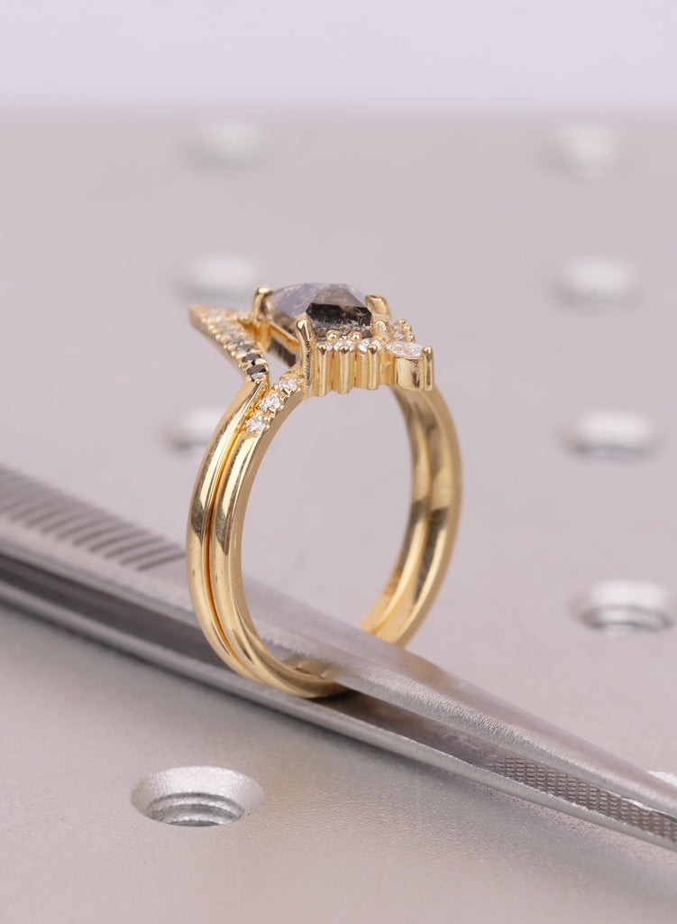 Kite Salt and Pepper Diamond Ring Set, Chevron Diamond Band, Unique 14k /18K Gold Engagement Ring, Two Piece Nesting Bridal Set image #8
