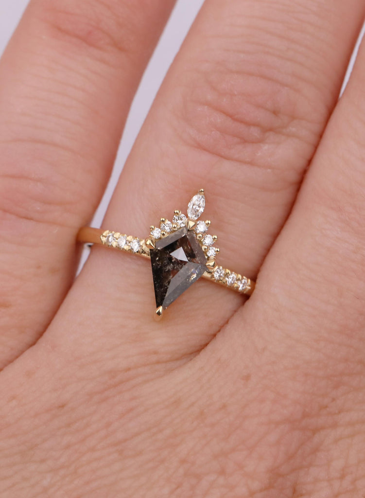 Kite Diamond Ring, Salt and Pepper Diamond Ring, Unique Engagement Ring, 18k Gold Cluster Ring, Pave Band Diamond Ring, Kite Cut Ring image #2