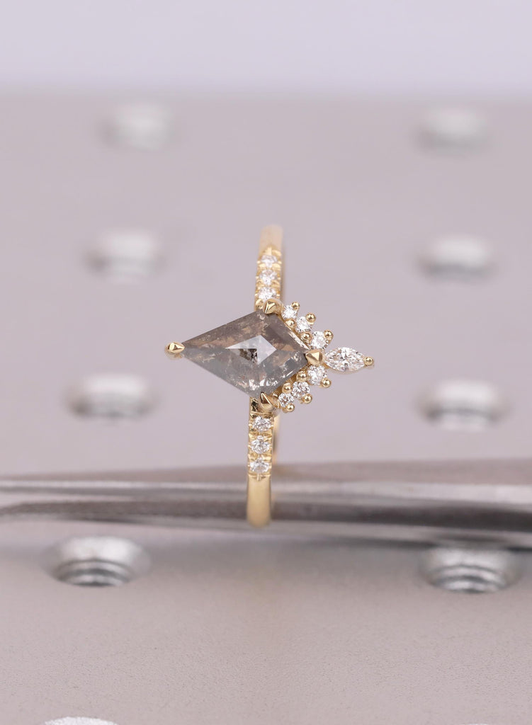Kite Diamond Ring, Salt and Pepper Diamond Ring, Unique Engagement Ring, 18k Gold Cluster Ring, Pave Band Diamond Ring, Kite Cut Ring image #7